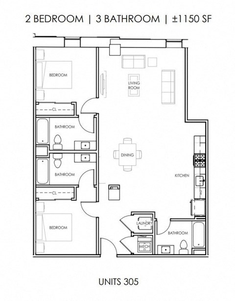 Floor plan for 2 beds, 3 baths, 1150 sqft
